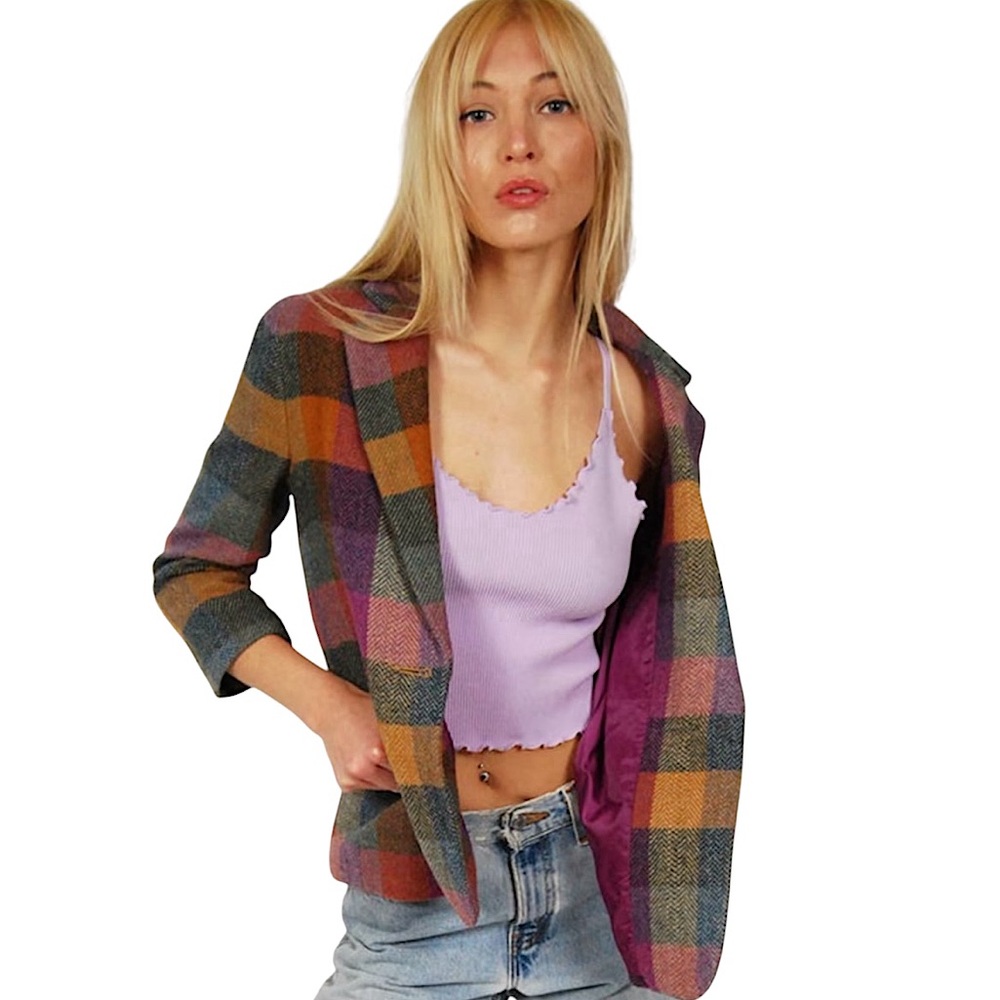 Vintage CAbi Happy Plaid Blazer Equestrian Windowpane Jewel Tone Wool Blend 6